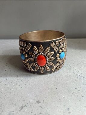 Ornate Antique-Style Cuff Bracelet with Red and Turquoise Stones